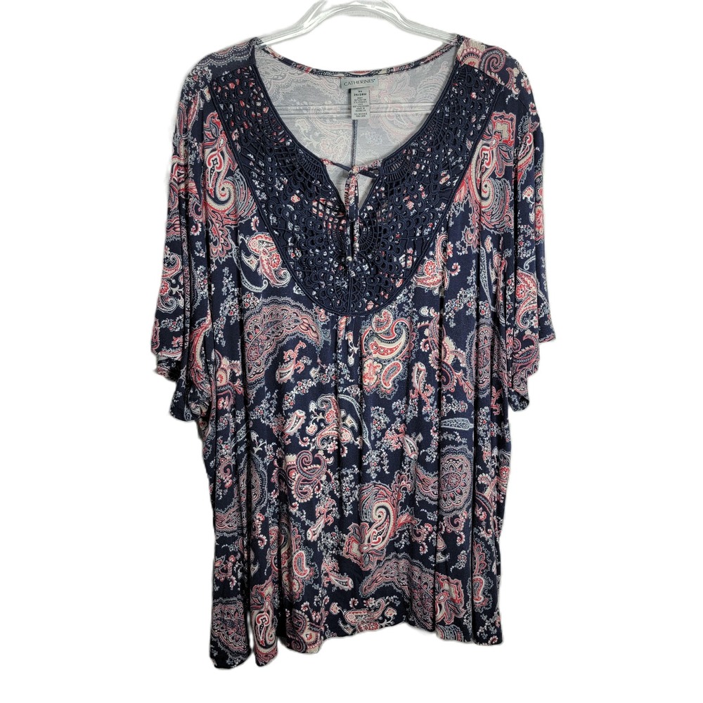 Catherines Womens 3X 26/28W Paisley Crochet Lace V-Neck Tunic Top Navy Blue Red